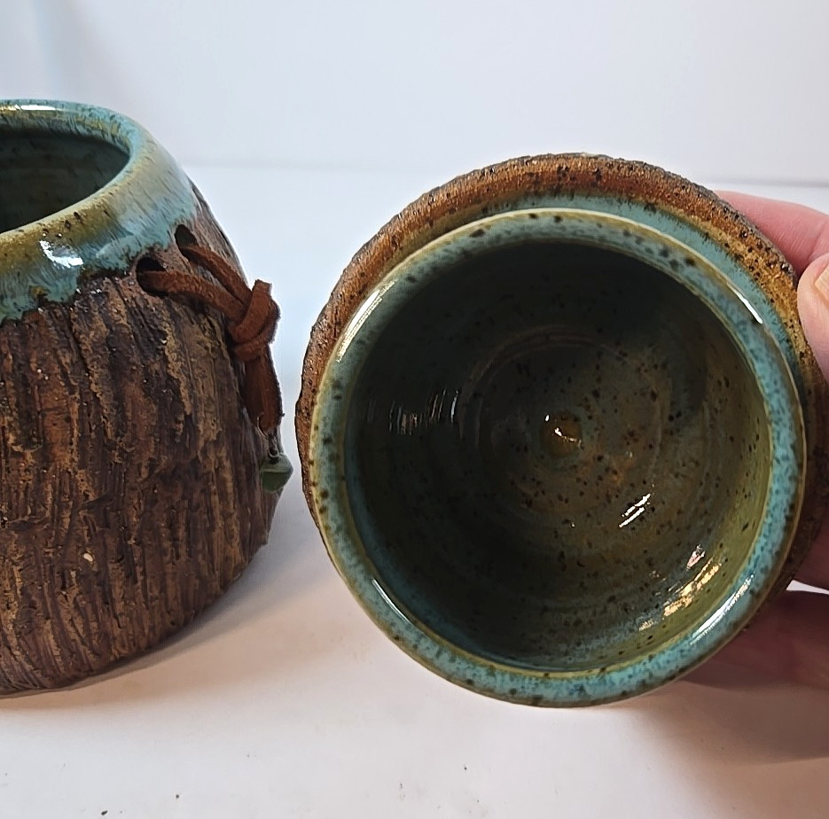 Studio Art Pottery Butter Bell Crock Stoneware Rustic Tree Design Aqua Interior