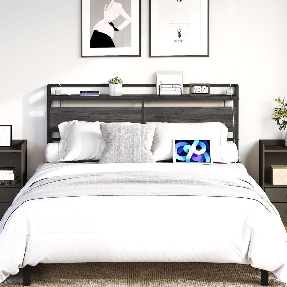 Queen Size Headboard with USB Ports, Adjustable Height & Storage Rack - Charcoal