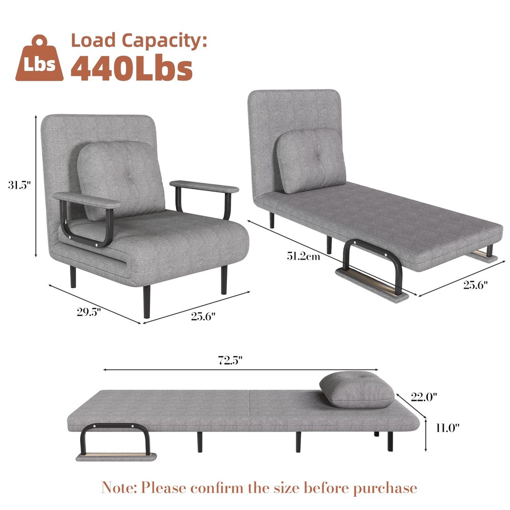 5-in-1 Convertible Sofa Bed Chair Adjustable Backrest Folding Sleeper Grey