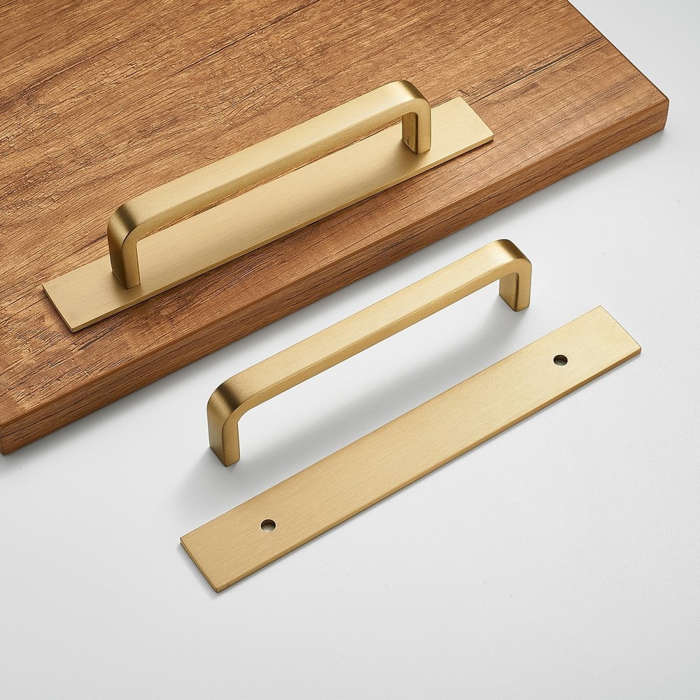 Solid Brass Cabinet Pull with Backplate, 2 Pack Brushed Gold Modern Drawer Ha...