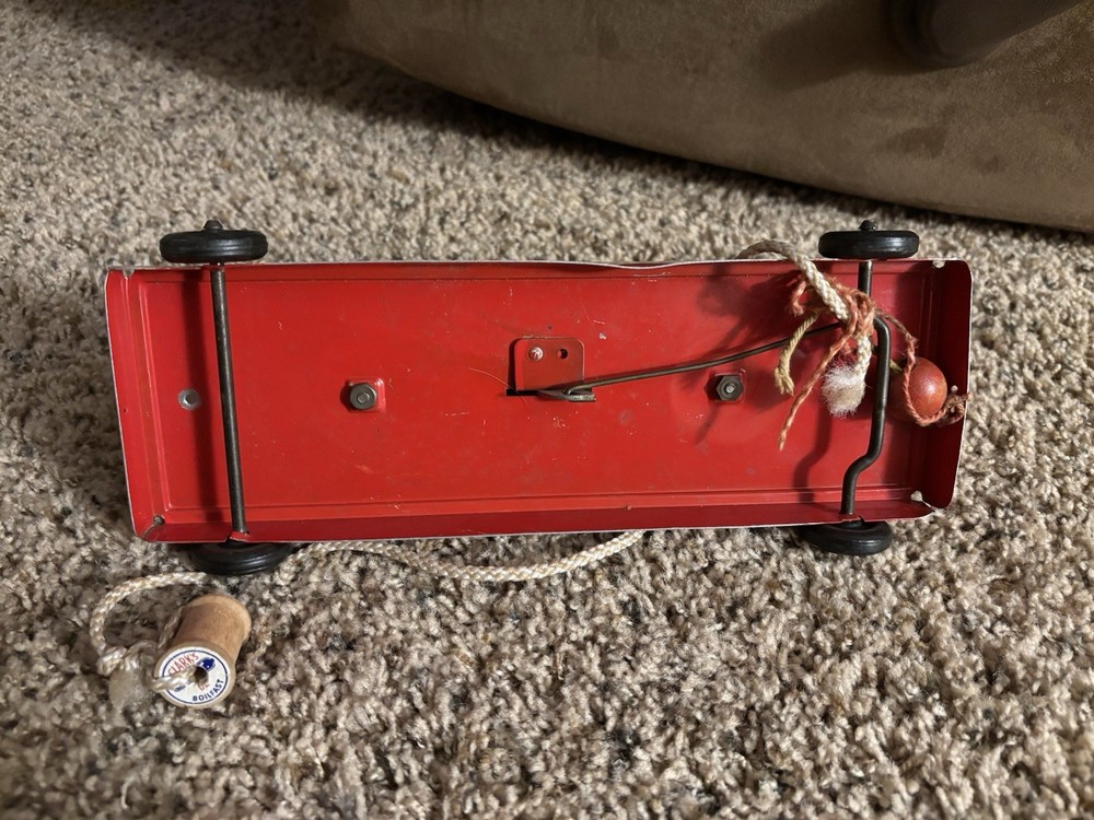 Vintage Pressed Steel Pull Toy - Double Bell String Marx Red Tin