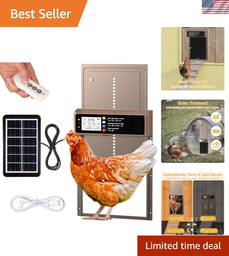 Solar-Powered Automatic Chicken Coop Door with LCD & Remote Control, 8.2' Width