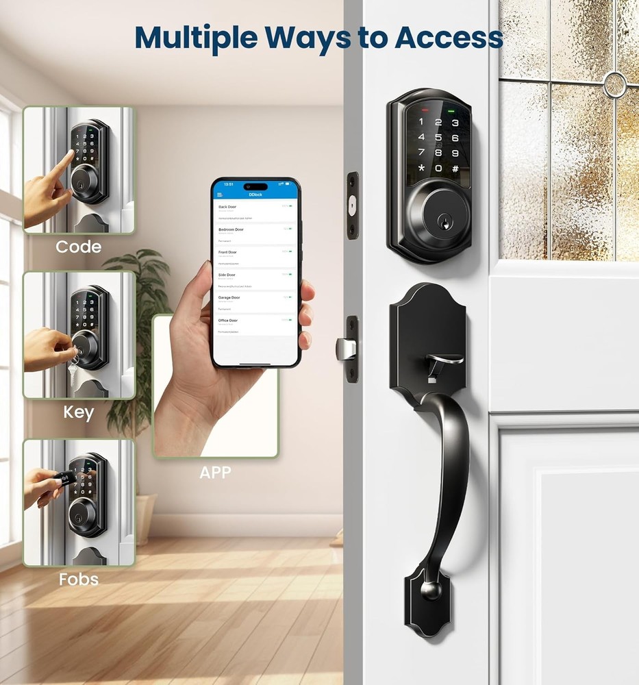 Smart Front Door Lock Set, App Control, Keyless Entry Deadbolt with Lever Handle