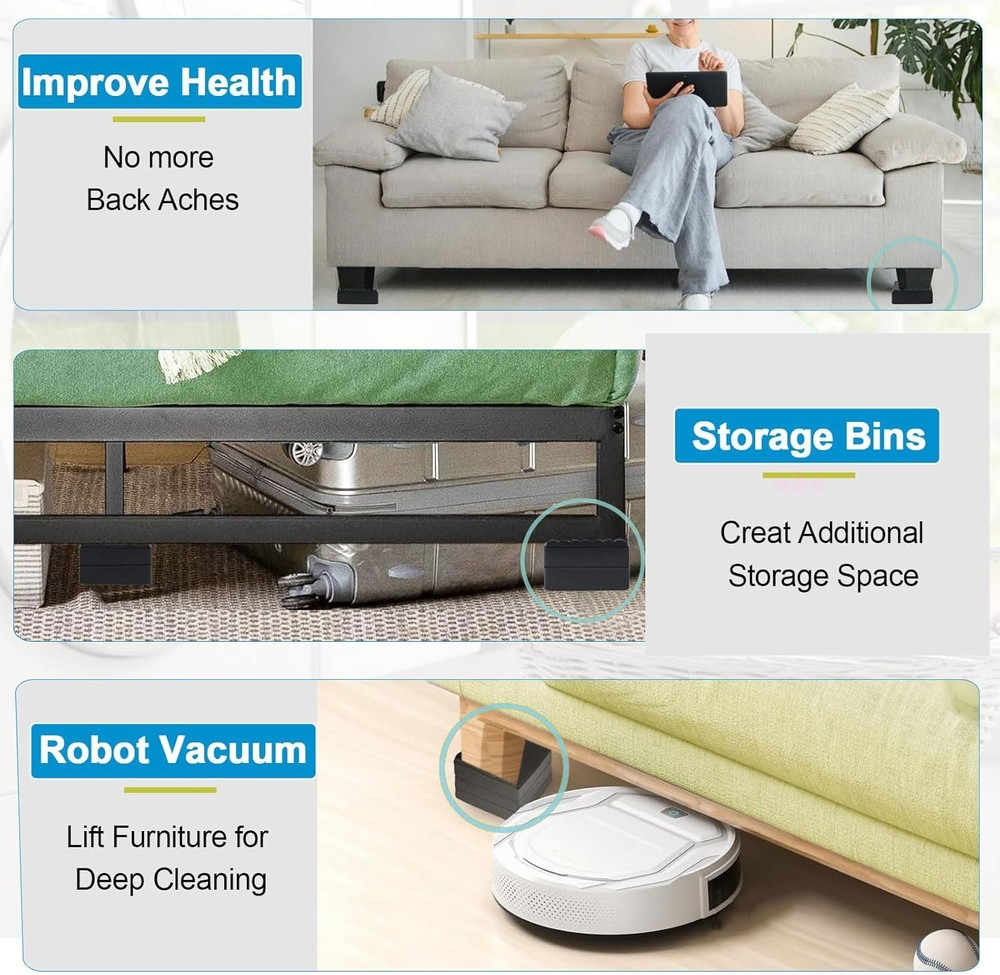 Adjustable Bed Risers 1" Stackable Furniture Lift Blocks | Heavy Duty 4-Pack