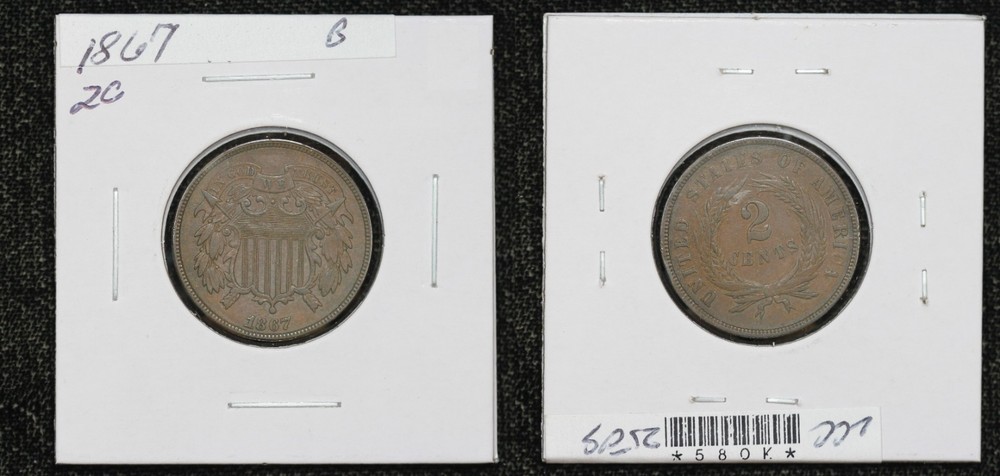 1867 US 2 Cent Coin AU+ Brown 58OK