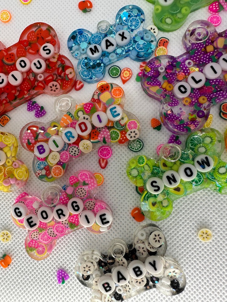 Custom Resin Dog ID Tags - Glitter Pet Tags | Personalized Bone Shape | Handmade