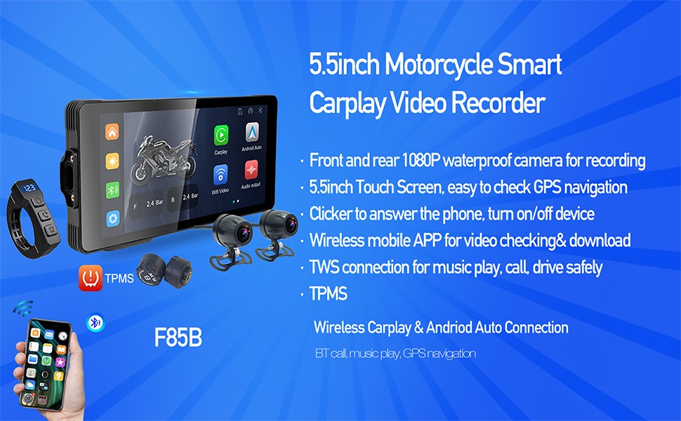 5.5" Motorcycle GPS Navigation Touch Screen Wireless CarPlay Android Auto Cam