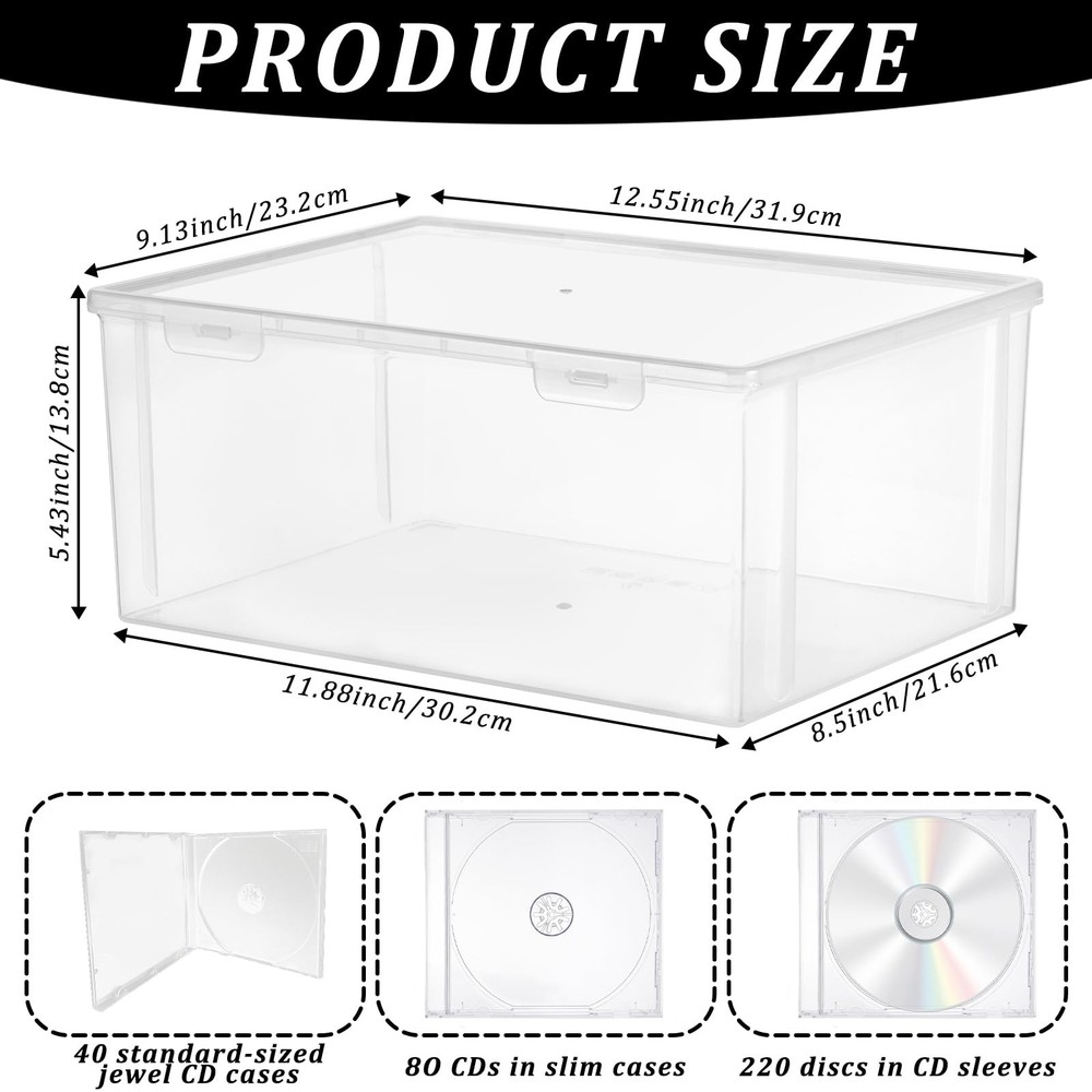 Stackable Clear Plastic CD Organizer,11.9"x 8.5"CD Storage Box, Clear CD Hold...