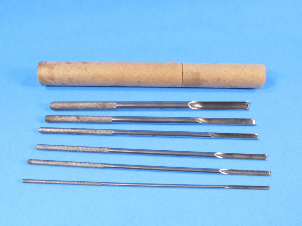 uncommon set 6 drill rod style wood gouges or carving tools w/ knurled handles