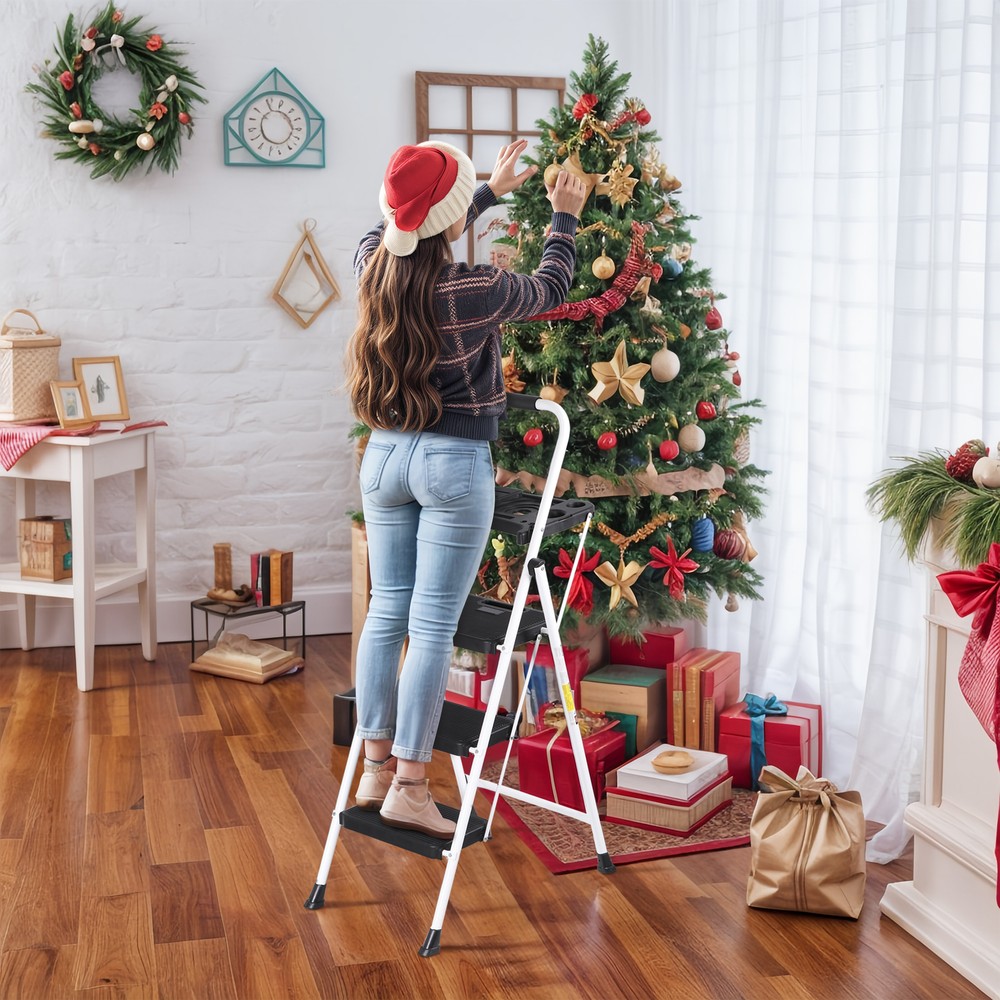 Step Ladder Sturdy 3-Step Ladder with Tool Platform Folding Ladder Lightweight