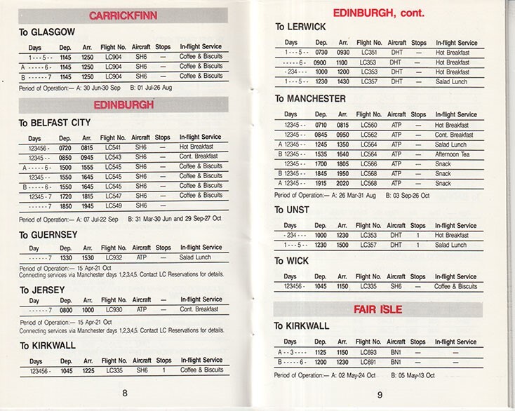Loganair timetable 1990/03/25 2nd edition