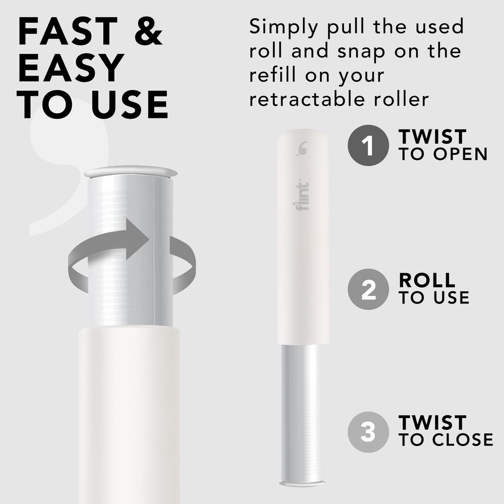Flint Retractable Lint Roller Portable Refillable 30 Sheets 2 Count White