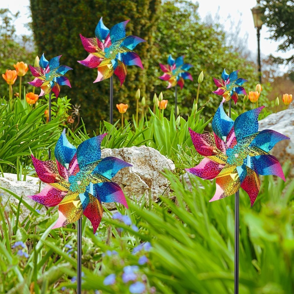 10-Pack Reflective Rainbow Pinwheels - Bird Repellent Solution for Garden Pro...