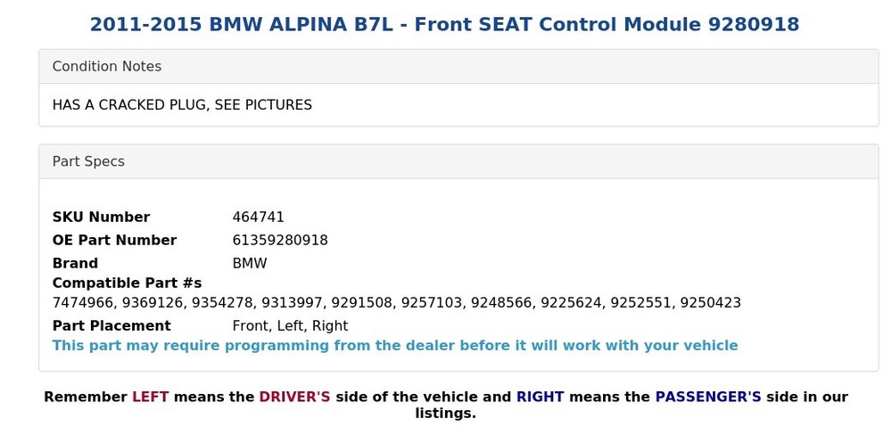 2011-2015 BMW ALPINA B7L - Front SEAT Control Module 9280918