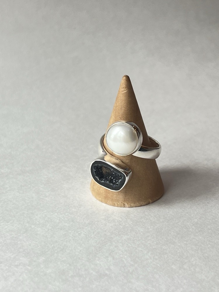 Pearl & Geode Adjustable Ring 925 Sterling Silver Size 7