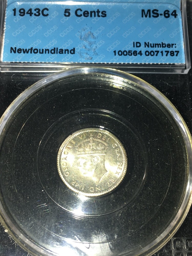 1943c, CCCS Graded Newfoundland Five Cent, **MS-64**