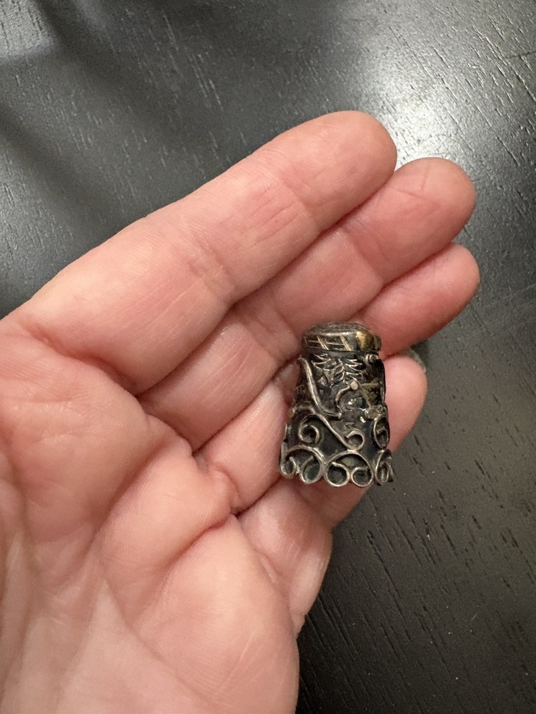 Sterling Silver Thimble Heavily Patterned Scene Design