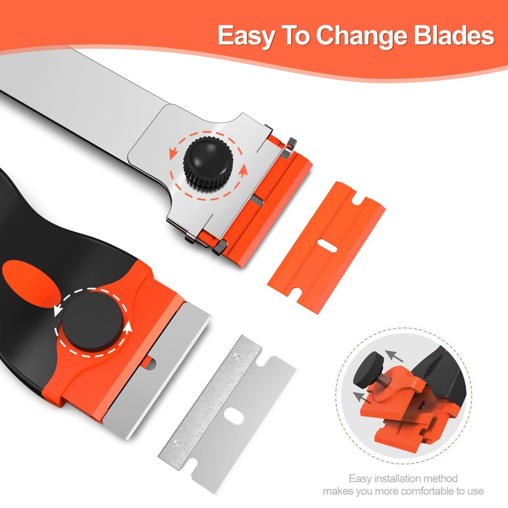 3 Pack Razor Blade Scraper Set, Includes 30 Plastic & 30 Metal Orange