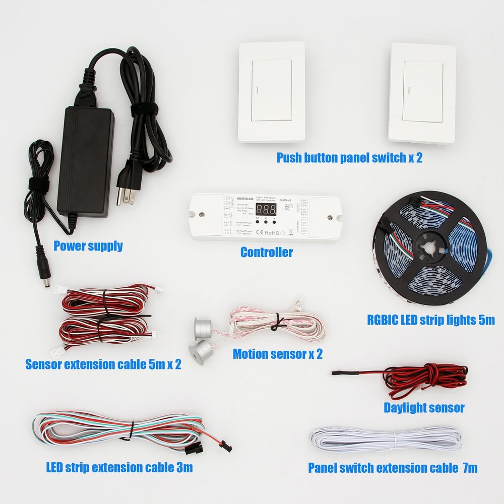 Motion Sensor with Daylight Sensor LED Stair Light Kit KMG-45, 16.4FT RGB Cuttab