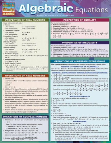 Algebraic Equations (Quick Study Academic) - Pamphlet By BarCharts, Inc. - GOOD
