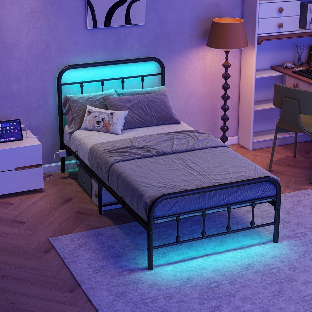 Twin Size Bed Frame with Headboard,Platform Bed with Charging Station and LED...