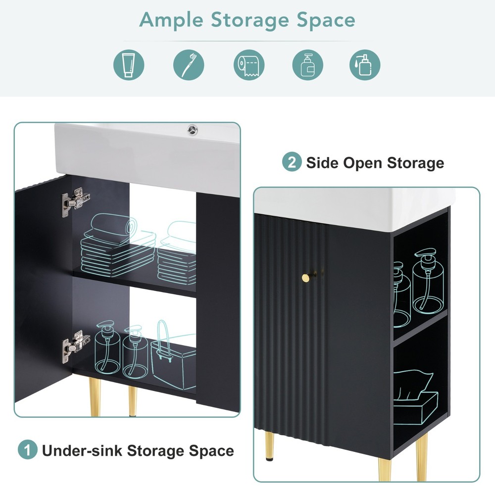21.6" Black Bathroom vanity Combo Cabinet Single Ceramic Sink Right Side Storage