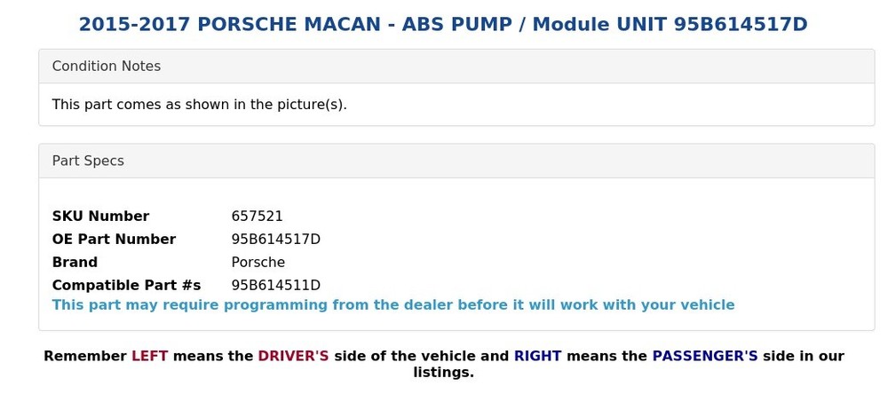 2015-2017 PORSCHE MACAN - ABS PUMP / Module UNIT 95B614517D