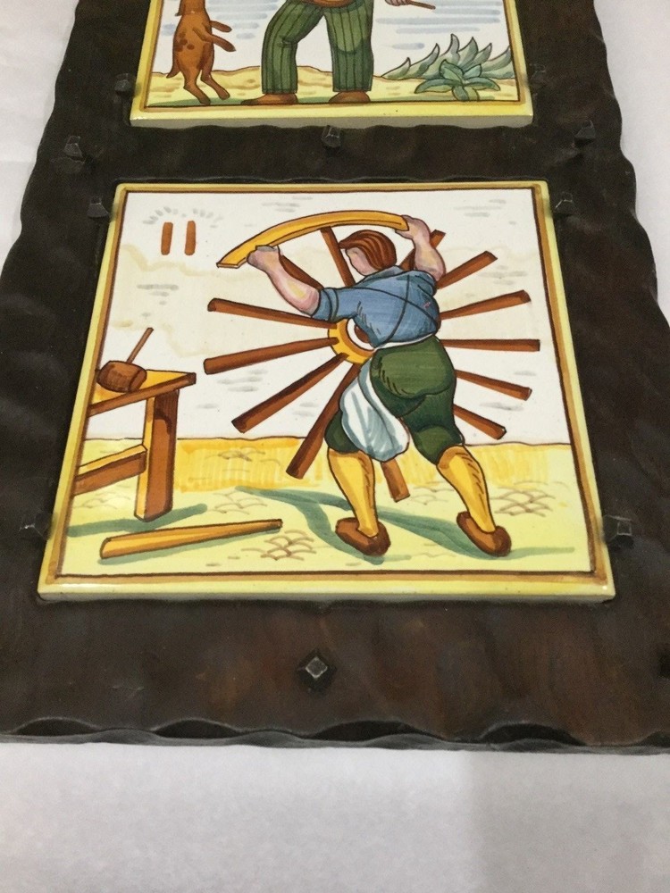 Vintage Spain Folk Art Tile Framed Hand Painted Rustic Frame