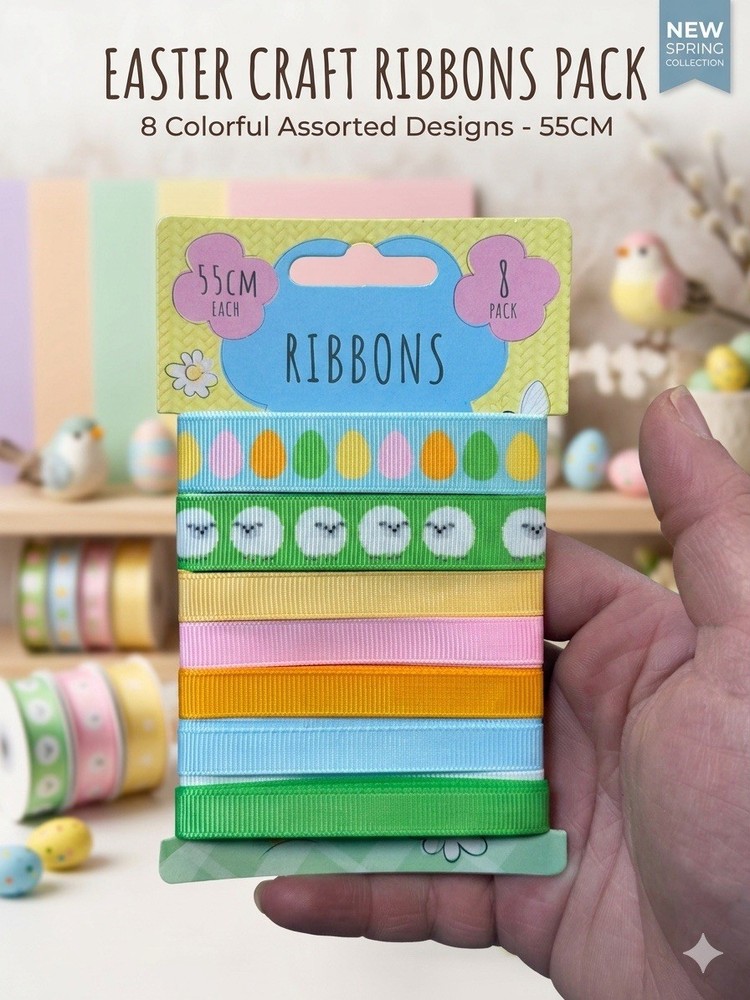 8 Pack Easter Ribbons 55cm Assorted Designs Sheep & Eggs Pastel Craft Sewing