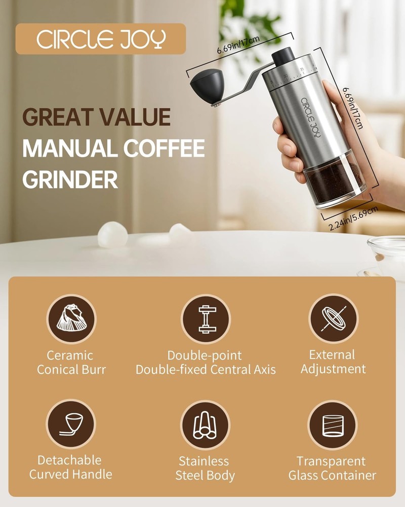 CIRCLE JOY Manual Coffee Grinder with 40 External Adjustable Silver, Silver
