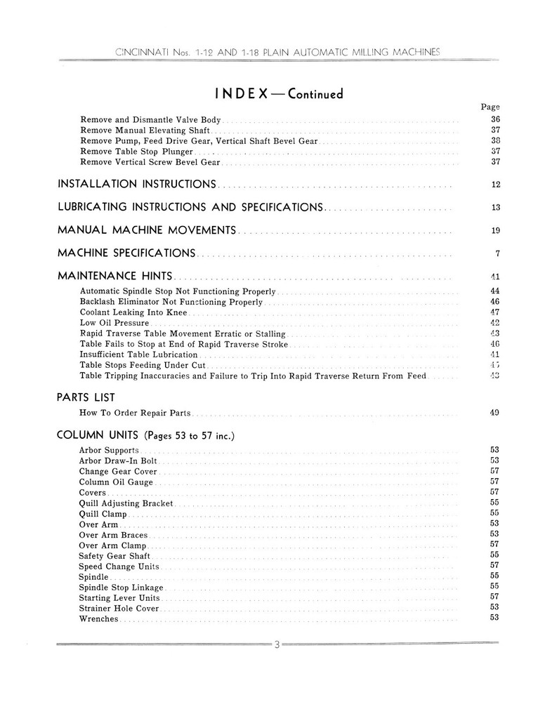 Cincinnati 1-12, 1-18 Plain Automatic Milling Machine Service -Part Manual #1033