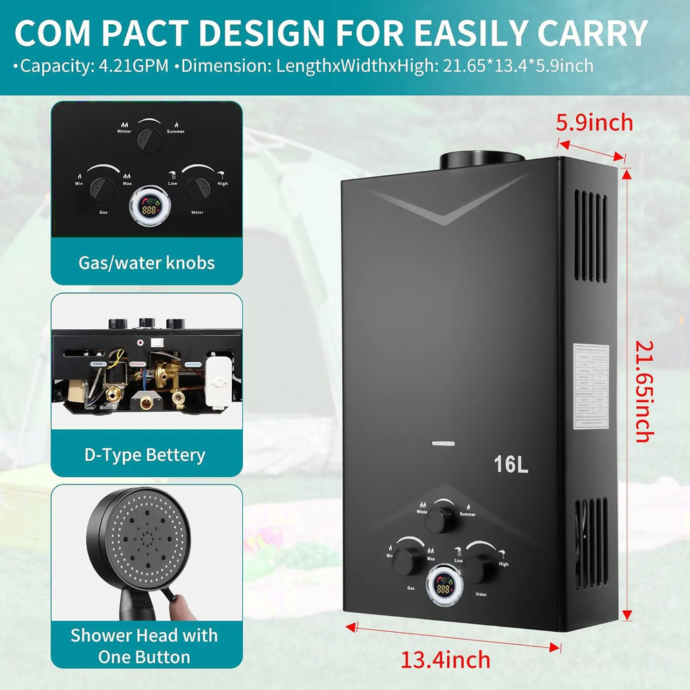 Tankless Water Heater 4.21GPM 16L Instant Propane Water Heater Outdoor Portable