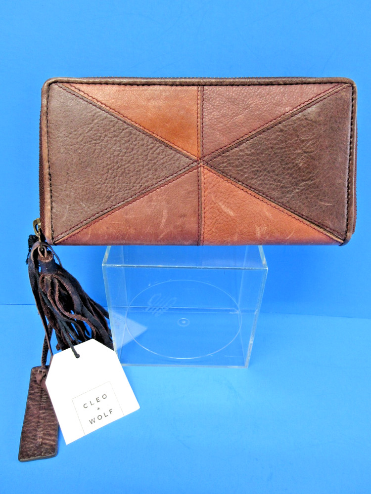 CLEO + WOLF Distressed Patchwork Leather Zip-Around Wallet Tassel NWT