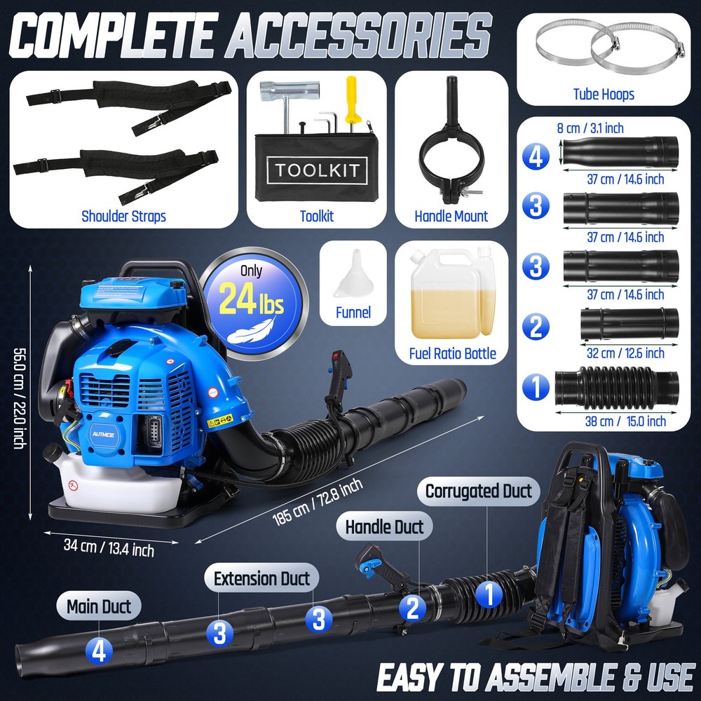 75.6CC 2-Stroke Backpack Leaf Blower Gas Powered - 912CFM 206MPH for Snow Debris