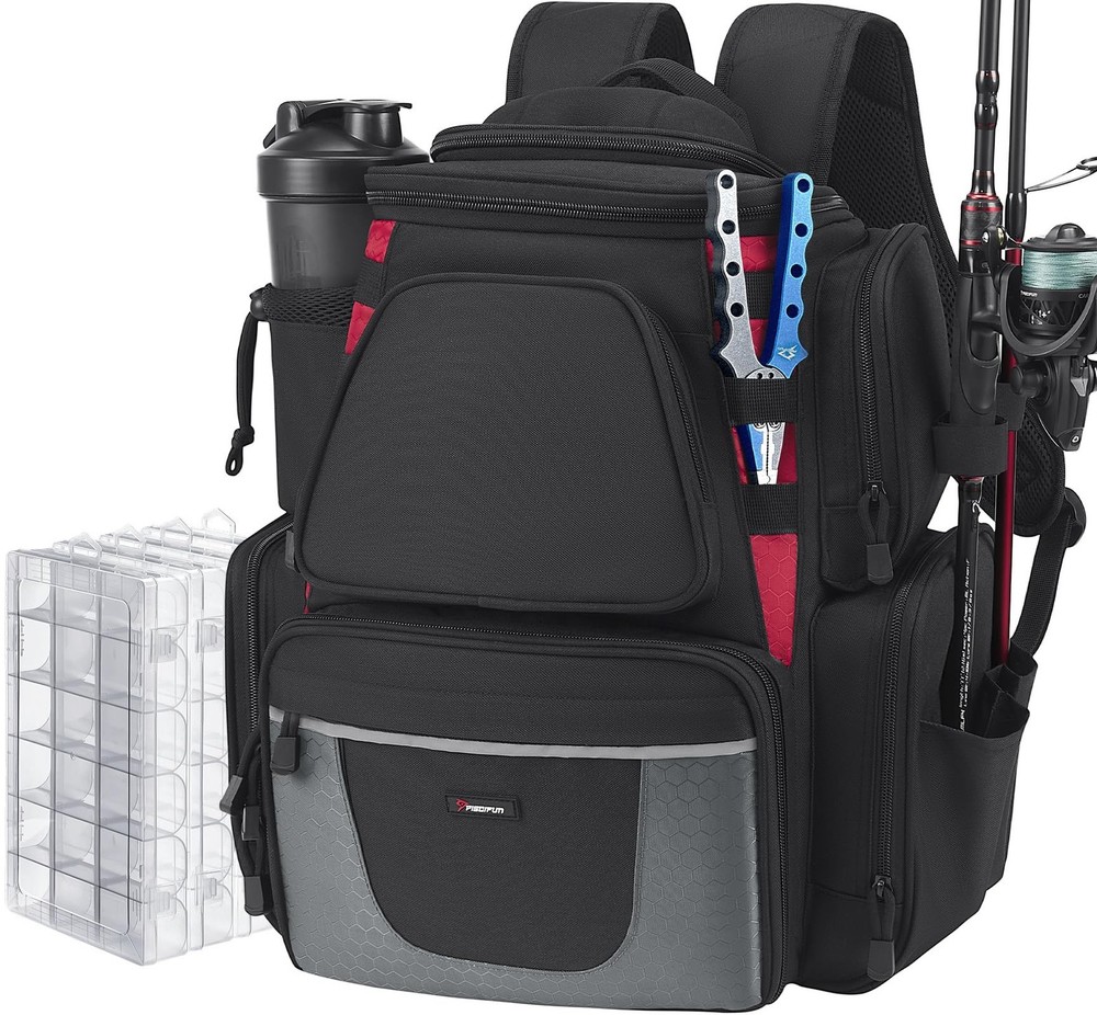 Fishing Backpack with 2 Rod Holders & 4 Tackle Boxes, Large Tackle Storage Ba...