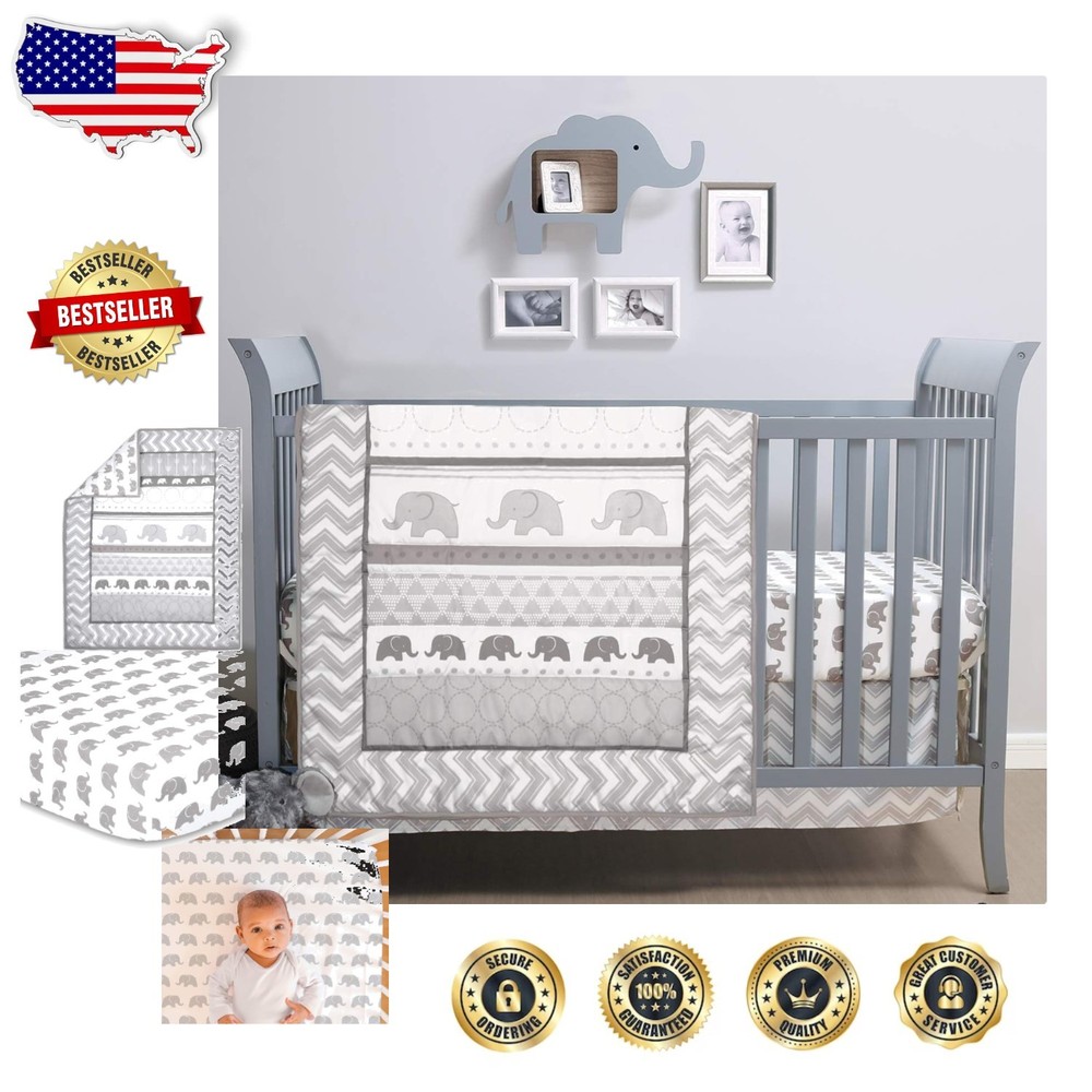 Easy Care 3pc Baby Crib Bedding - Grey Elephant, Microfiber, Machine Wash
