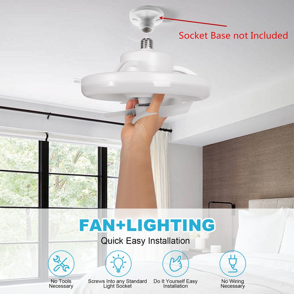 2 In 1 E27 Ceiling Socket Fan 48W with Dimmable LED Light Remote Control 3 Speed