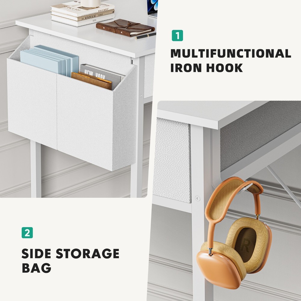32" Modern Home Office Computer Desk with 2 Fabric Drawers Storage with Side Bag