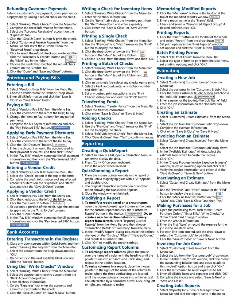 QuickBooks Pro 2019 Training Guide Quick Reference Card 4 Page Cheat Sheet