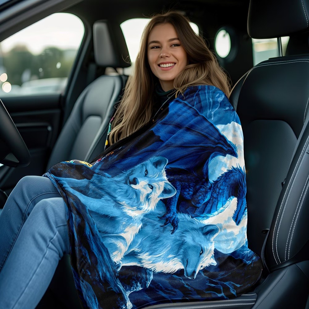 Dragon And Wolf Fleece Throw Blanket