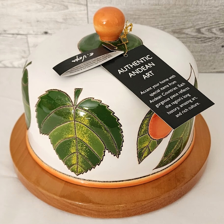 Napa Montecristi Ceramic Cheese Dish container with Wood Base Signed Leaf Design