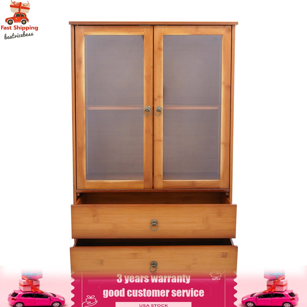 2-Compartments Bamboo Kitchen Sideboard Storage Organizer Cupboard Freestanding