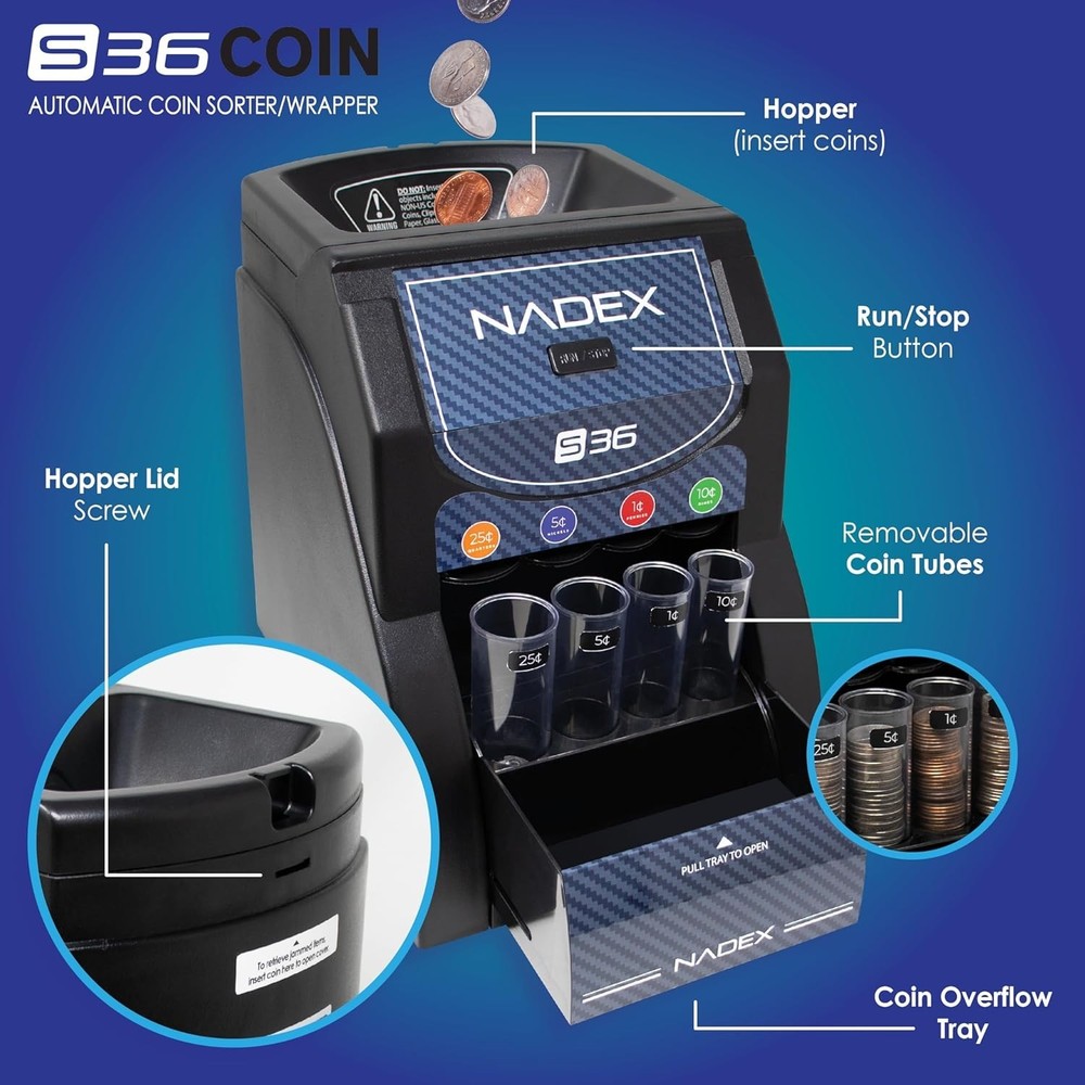 Compact 36S Automatic Coin Sorter - Fast Sorting with Overflow Tray Included