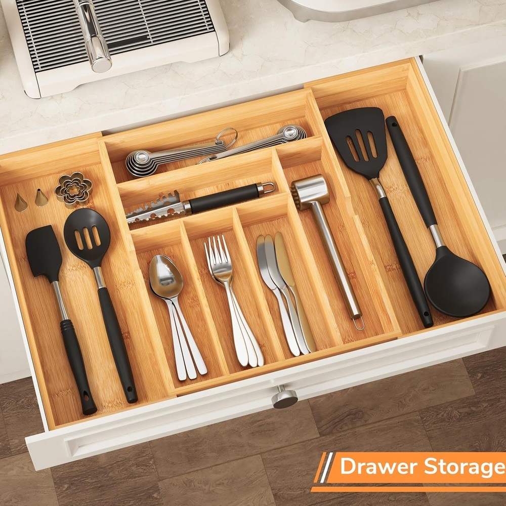 Elegant Bamboo Silverware Organizer - 3" Deep, 8-Cmp Multi-Functional Design