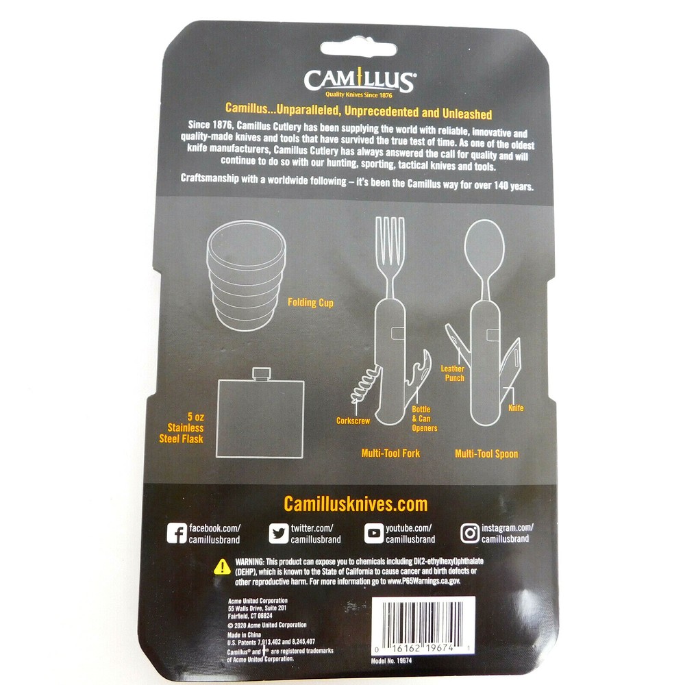 Camillus 4 PIECE CAMP SET (Spoon, Fork / Tool, Flask & Cup) 2 Pc KNIFE COMBO SET