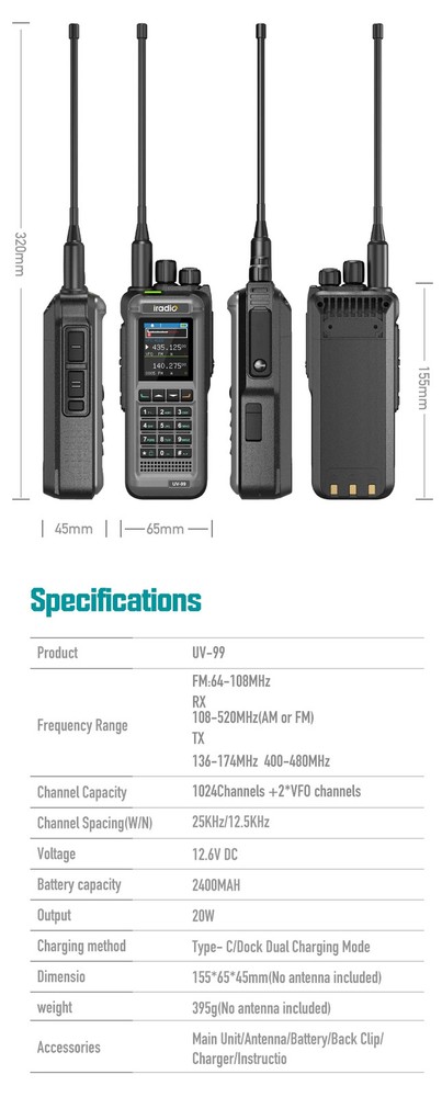 UV99 Protable Transceiver Green 20W Long Range Waterproof Type C AM FM Intercom