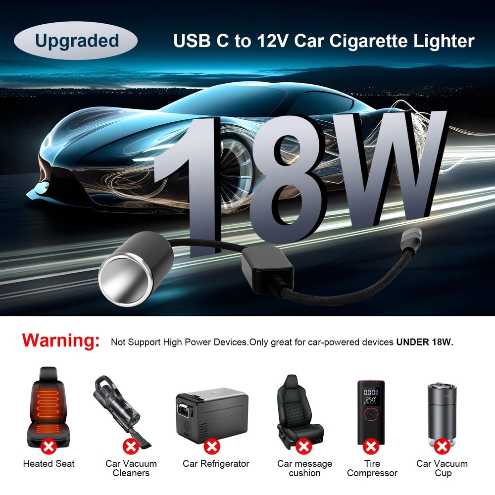 WYMECT USB C to 12V Adapter, C Cigarette Lighter Adapter black