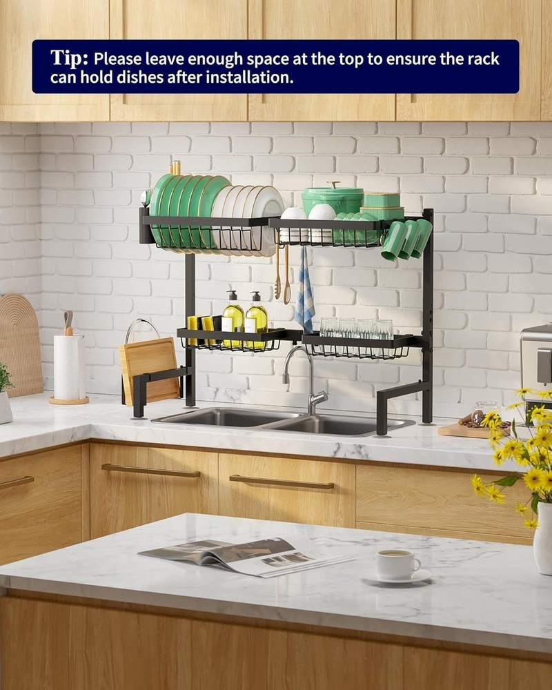 2-Tier Over Sink Dish Drying Rack, Adjustable 21.5"-33.9" - Kitchen Space Saver