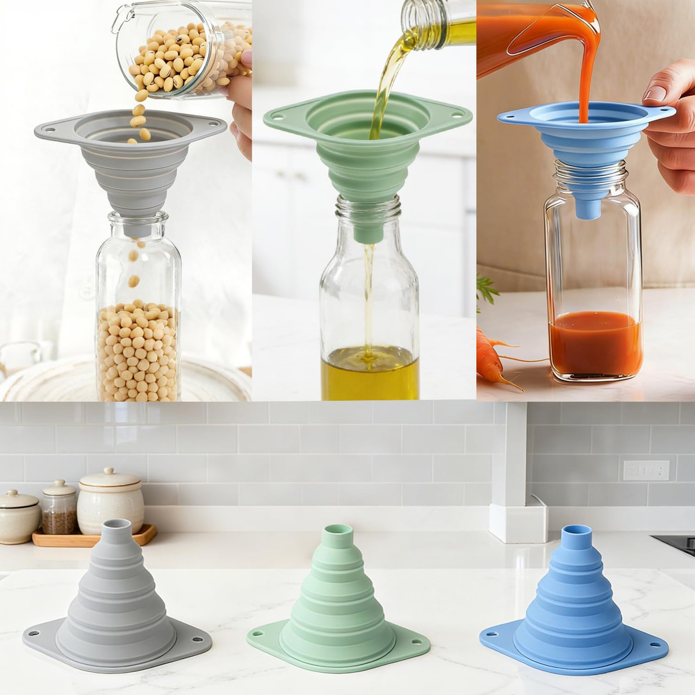 Kitchen Funnel Set 3 Pack, Collapsible Silicone Funnel for Kitchen Use, Small Fu