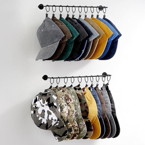 Hat Rack for Baseball Cap Hat Storage with 20 Hooks - Modern 2-Pack Black